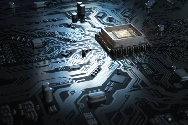 Datormoderkort med processor. Kretskortet system chip med co — Stockfoto