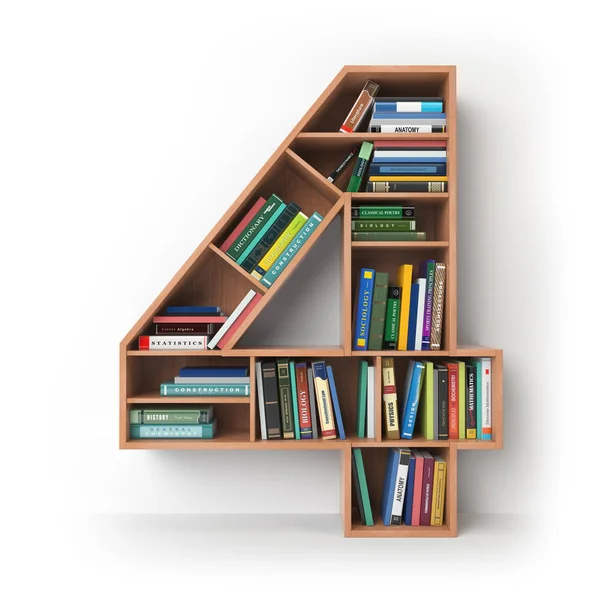 Número 4 cuatro. Alfabeto en forma de estantes con libros isolat — Foto de Stock