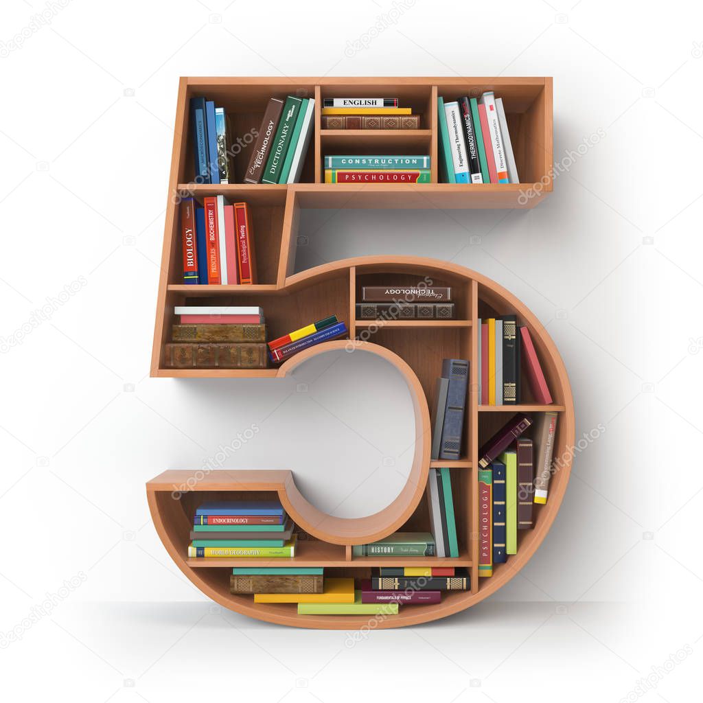 Number 5 five. Alphabet in the form of shelves with books isolat