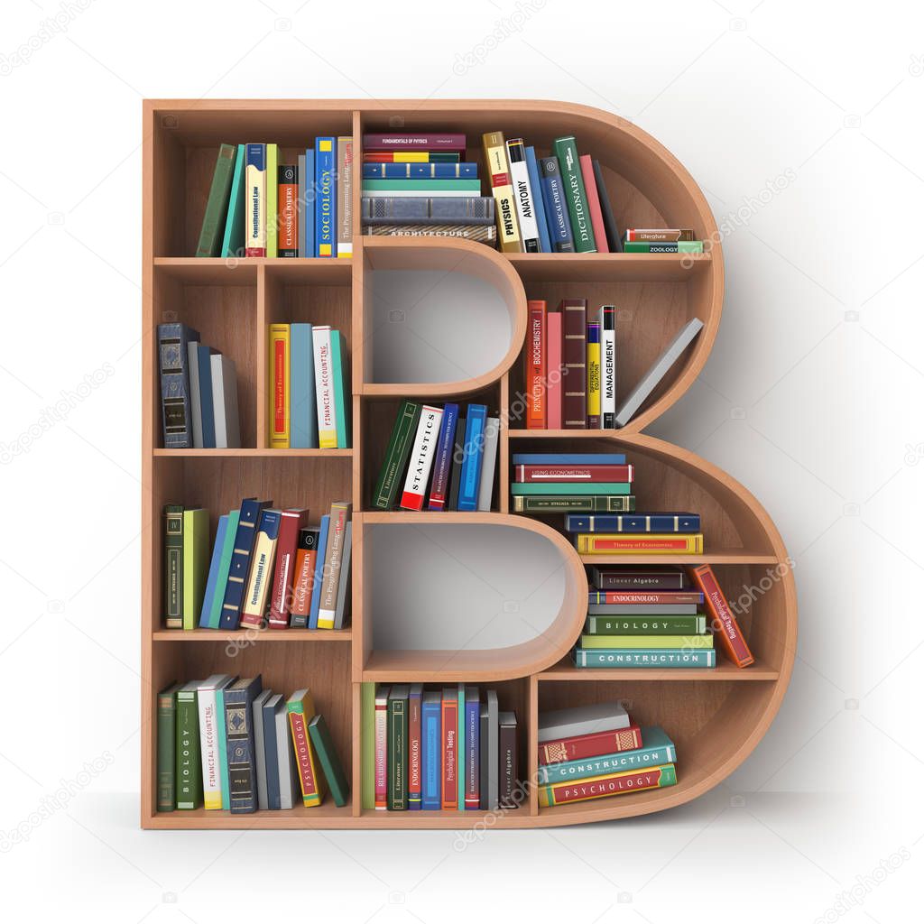 Letter B. Alphabet in the form of shelves with books isolated on