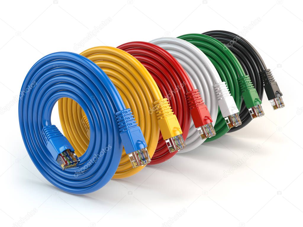Set of colorful of LAN network connection ethernet cables. Inter