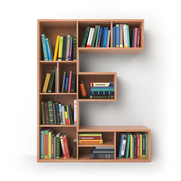 Letter E. Alphabet in the form of shelves with books isolated on — Stock Fotó