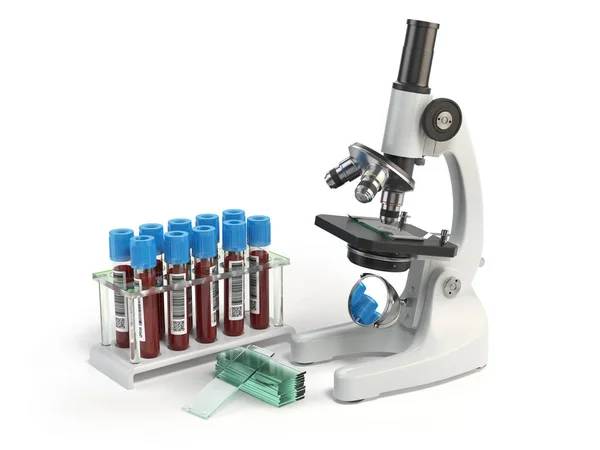 Tubos de ensaio médico de microscópio com amostras de sangue isoladas no — Fotografia de Stock