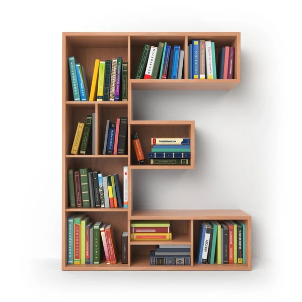 Letter E. Alphabet in the form of shelves with books isolated on — Stock Photo, Image