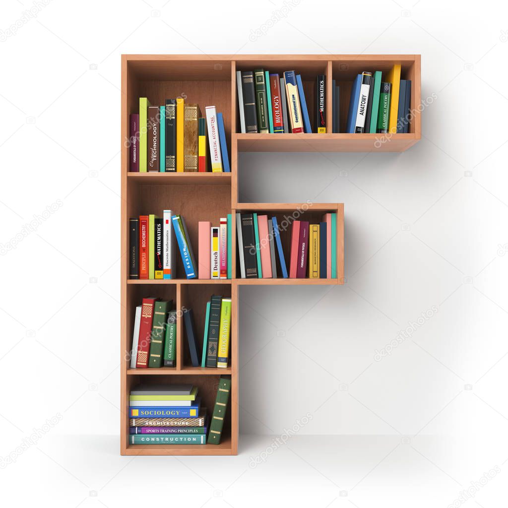 Letter F. Alphabet in the form of shelves with books isolated on