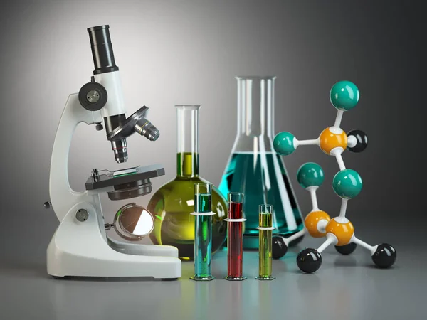 Microscope with flasks, vials and model of molecule. Chemistry o — Stock Photo, Image