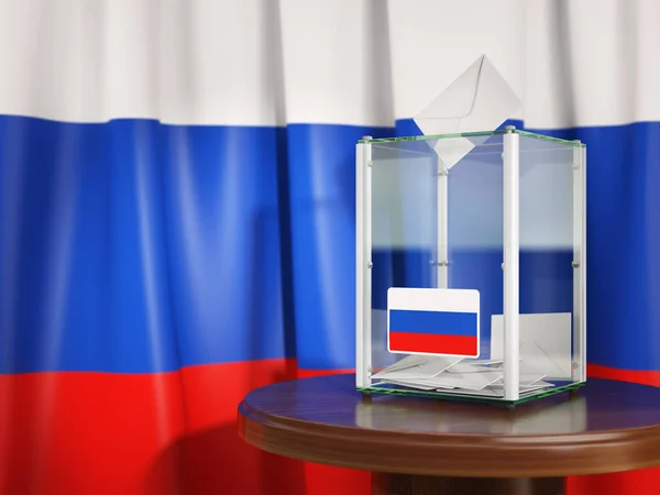 Szavazólapon doboz zászlaja Oroszország, és a szavazás a papírokat. Orosz élén — Stock Fotó