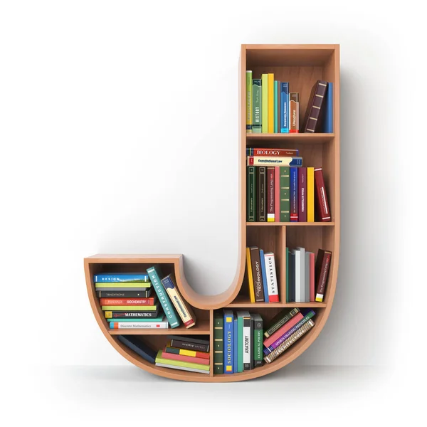 字母 j 字母表的形式与书籍孤立的书架 — 图库照片
