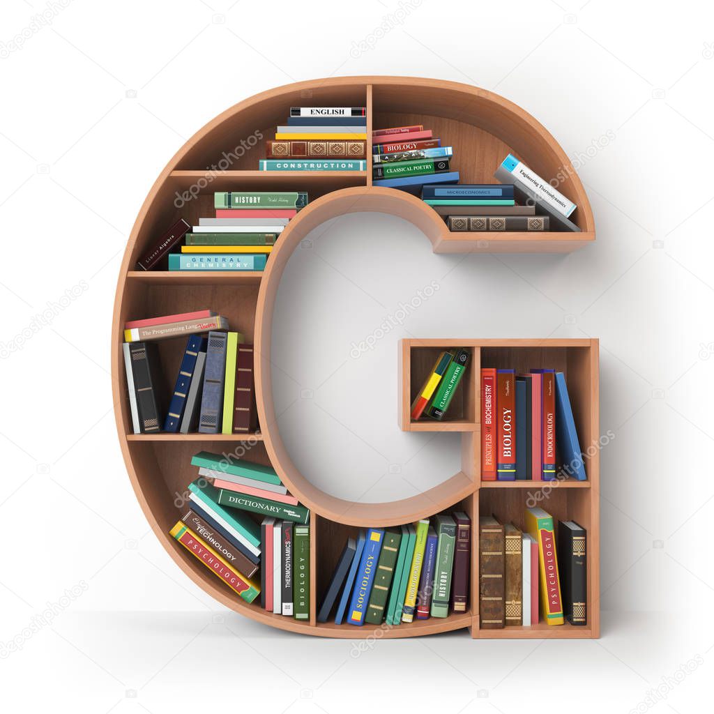 Letter G. Alphabet in the form of shelves with books isolated on