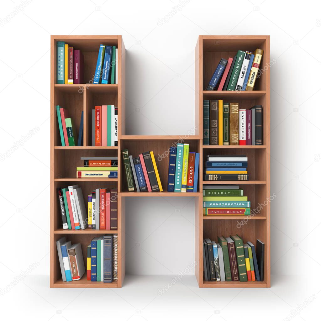 Letter H. Alphabet in the form of shelves with books isolated on