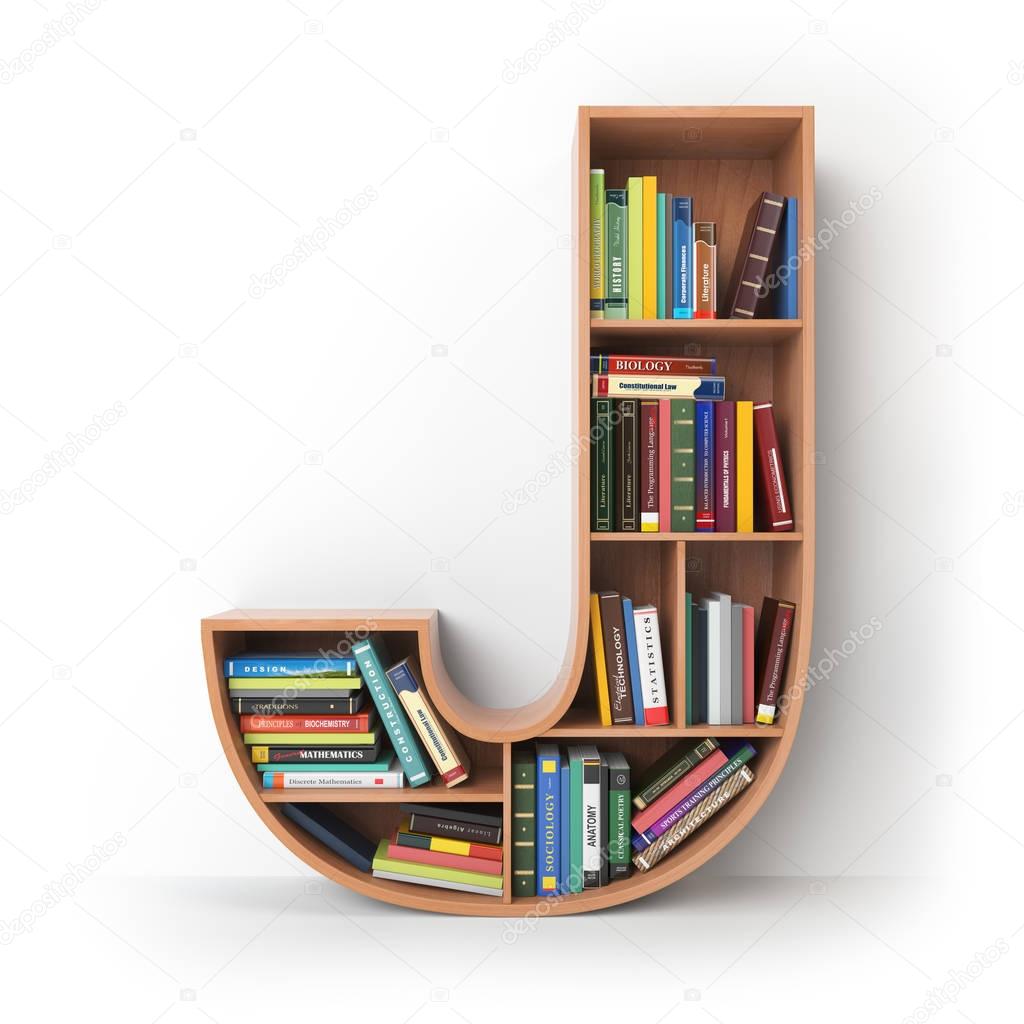Letter J. Alphabet in the form of shelves with books isolated on