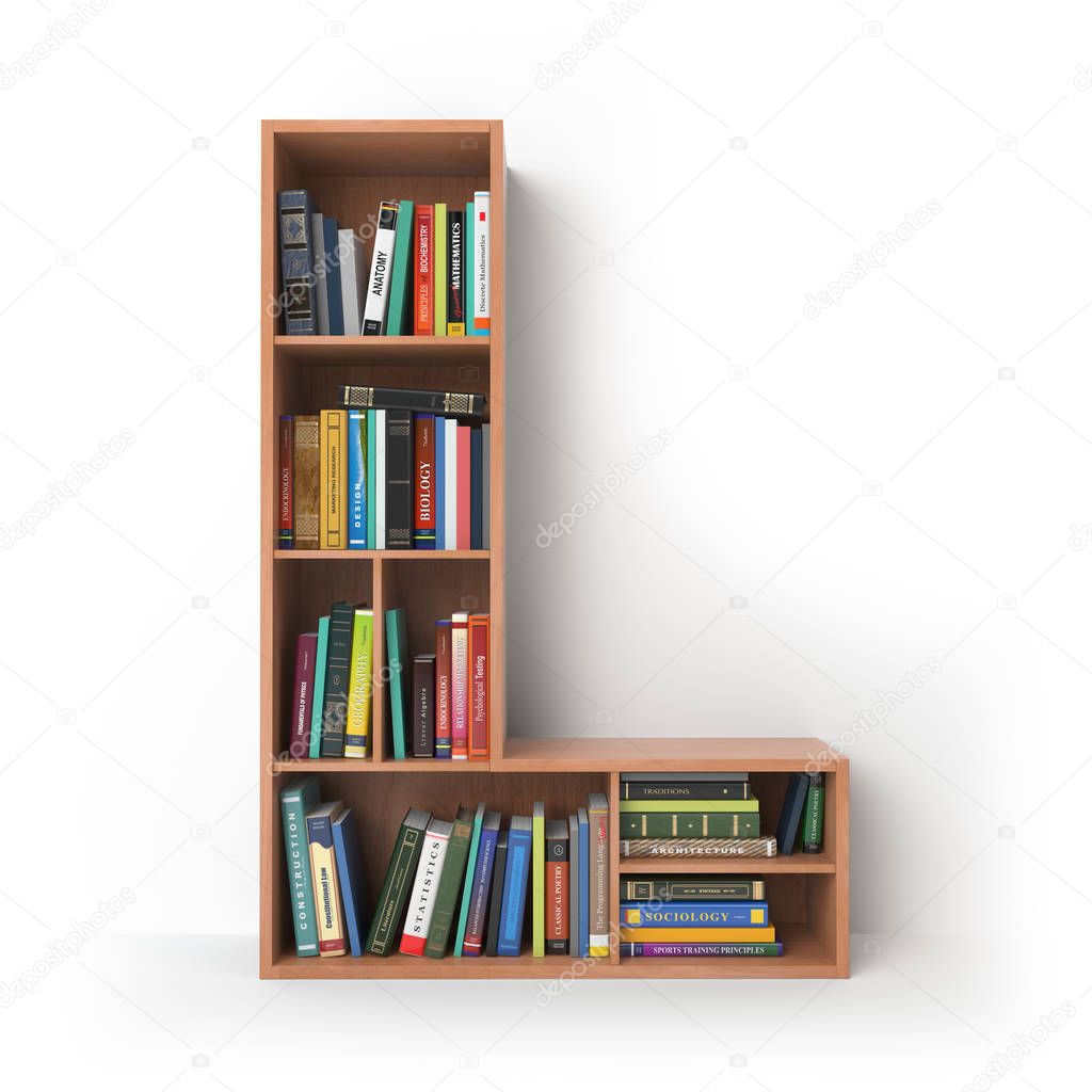 Letter L. Alphabet in the form of shelves with books isolated on