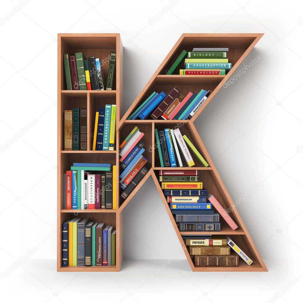 Letter K. Alphabet in the form of shelves with books isolated on
