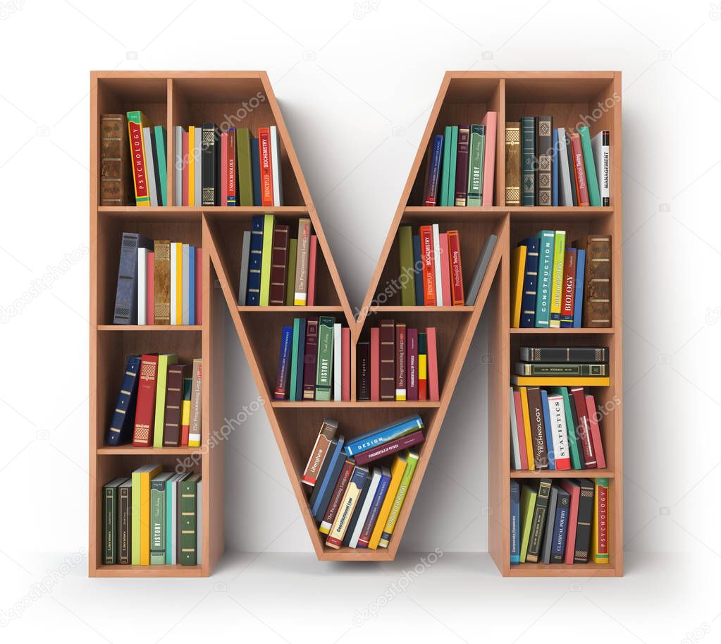 Letter M. Alphabet in the form of shelves with books isolated on