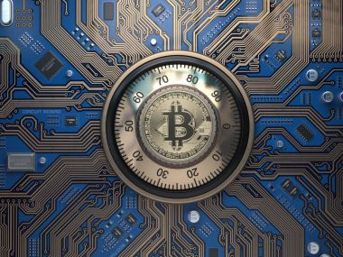 Bitcoin cryptocurrency güvenlik ve araştırma kavramı. Güvenli kilit w
