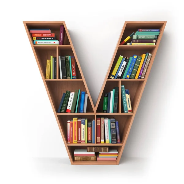 Letra V. Alfabeto en forma de estantes con libros aislados en —  Fotos de Stock