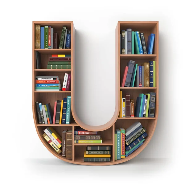 Raflar üzerinde izole kitaplarla şeklinde mektup U. alfabesi — Stok fotoğraf
