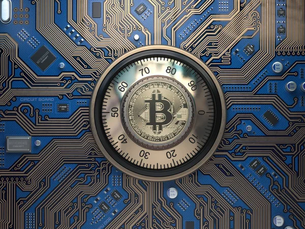 Bitcoin κρυπτονόμισμα ασφαλείας και εξόρυξη έννοια. Κλειδαριά χρηματοκιβωτίου w — Φωτογραφία Αρχείου