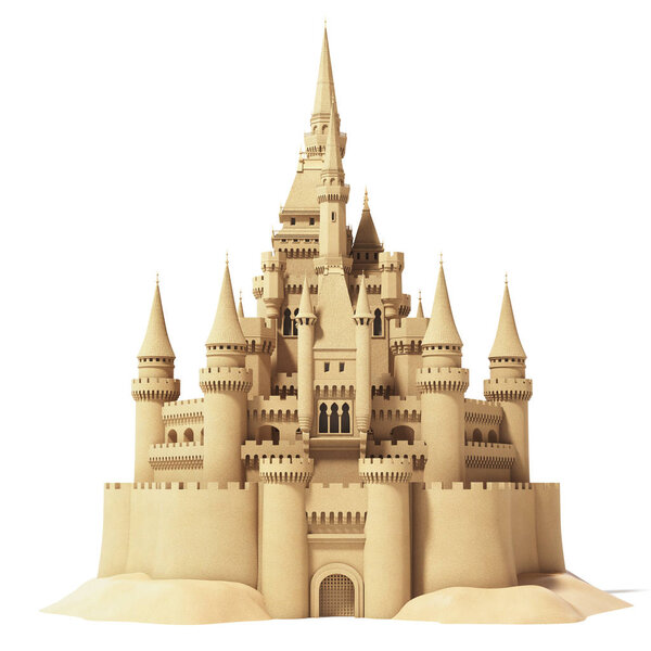 Fairytale sand castle isolated on white background.