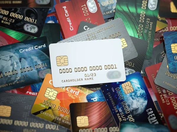 Branco branco branco cartões de crédito mockup no fundo de colorido cre — Fotografia de Stock