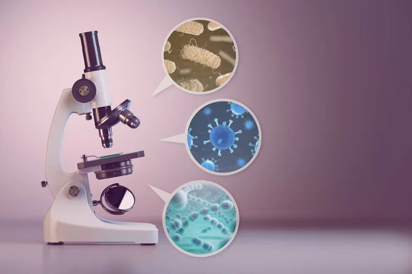 Microscope and a set  of different bacterias and viruses. Space — Stock Photo, Image