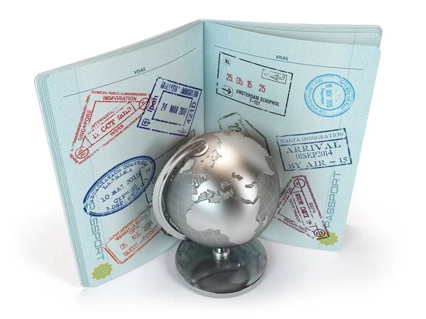 Útlevél sok visa bélyegek és elszigetelt fehér fém globe — Stock Fotó