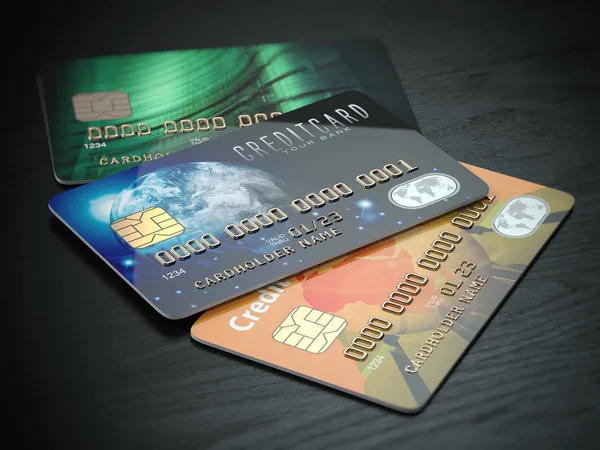 3 色の黒の木製デスク backgro に分離されたクレジット カード — ストック写真