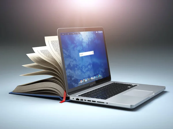 Онлайн библиотека или концепция электронного обучения. Открыть ноутбук и книгу — стоковое фото