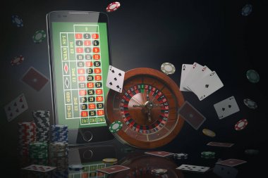 Online casino kavramı. Cep telefonu, rulet casino fişleri ile,