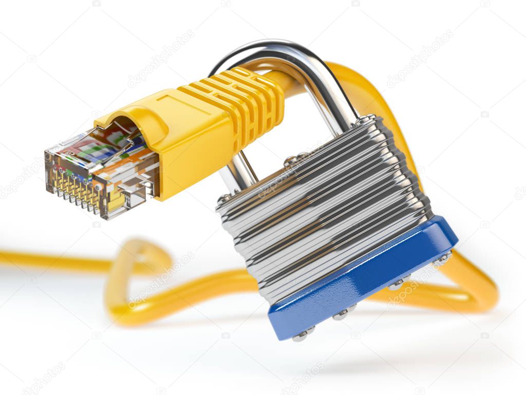 Network ethernet cable locked with padlock isolated on white bac