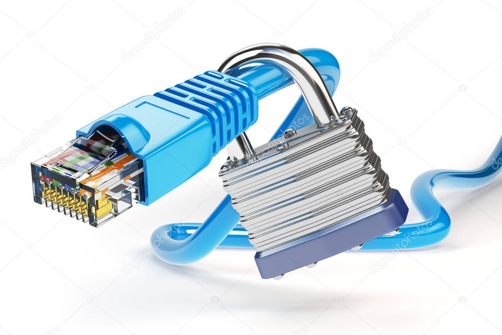 Network ethernet cable locked with padlock isolated on white bac
