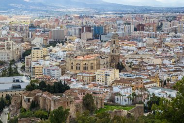 Cityscape havadan görünümü Malaga, Endülüs, İspanya. Katedral