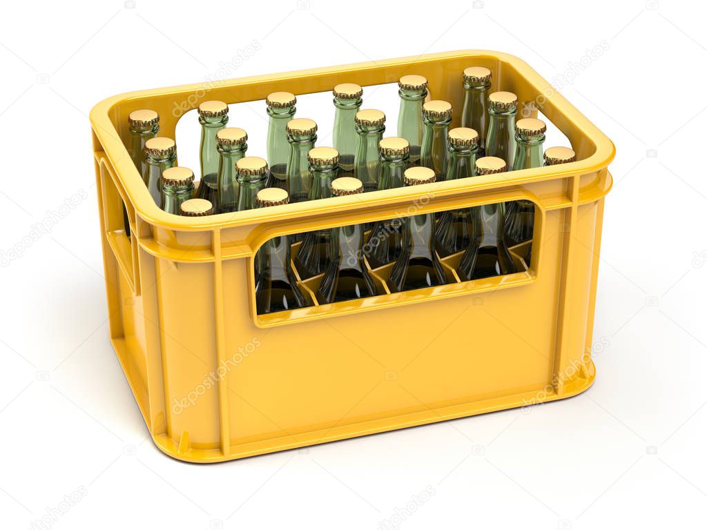 Crate full of beer bottles isolated on white background
