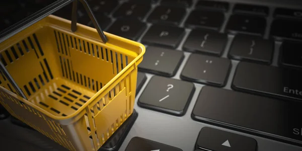 E-commerce, online αγορές, στο internet τις αγορές τους έννοια. Κίτρινο — Φωτογραφία Αρχείου