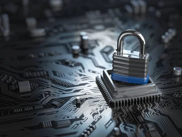 Padlock on CPU computer circuit board. Lock over  the motherboar — Stock Photo, Image