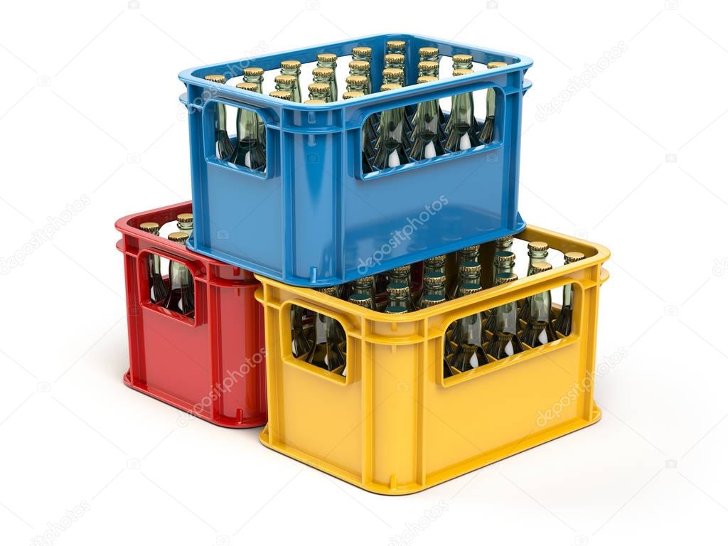 Crates full of beer bottles isolated on white background