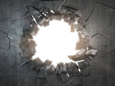 Kırık kırık beton duvarla patlama delik ve enkaz. ABS