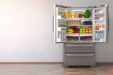 Open fridge  refrigerator full of food in the empty kitchen inte clipart