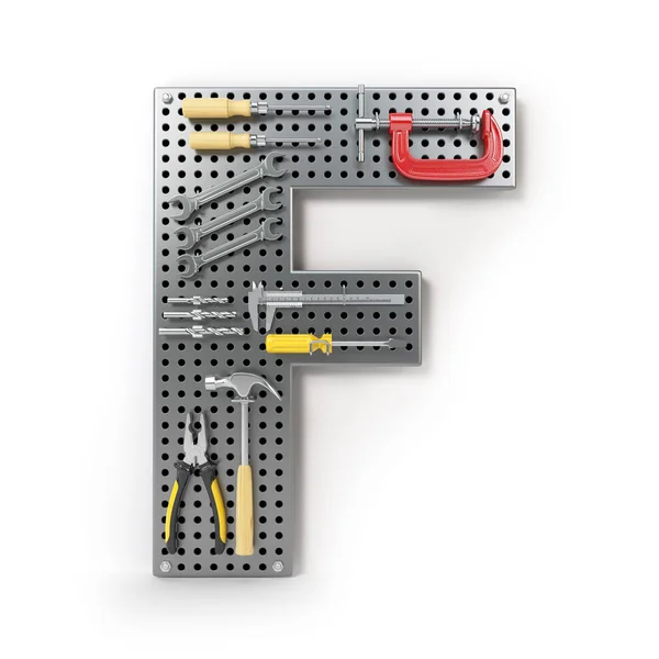 Letter F. Alphabet from the tools on the metal pegboard isolated — Stock Photo, Image