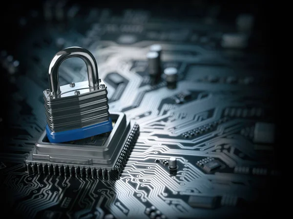 Padlock on CPU computer circuit board. Lock over  the motherboar — Stock Photo, Image