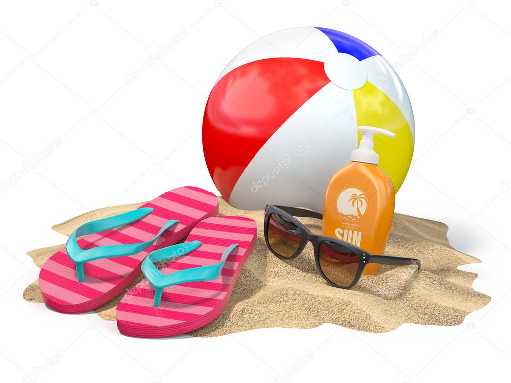 Beach accessories for relaxing. Sunscreen bottle, flip flops, su