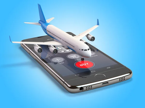 Flugzeug auf dem Handy. Internet-Suche und -Kauf — Stockfoto