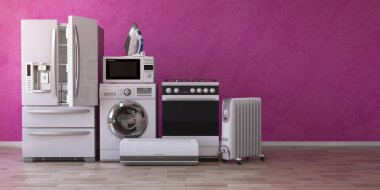 Set of household home appliancess on pink background. Kitchen te clipart