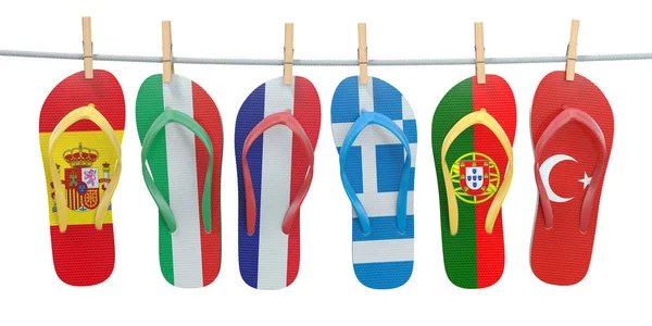 Hängende Flip-Flops in den Farben verschiedener Mittelmeerländer — Stockfoto