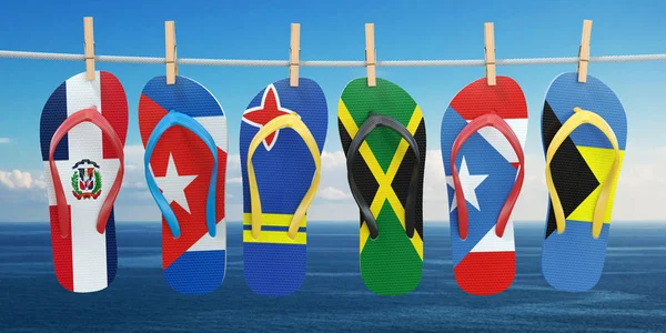 In de kleuren van vlaggen van verschillende carribean cou opknoping flip flops — Stockfoto