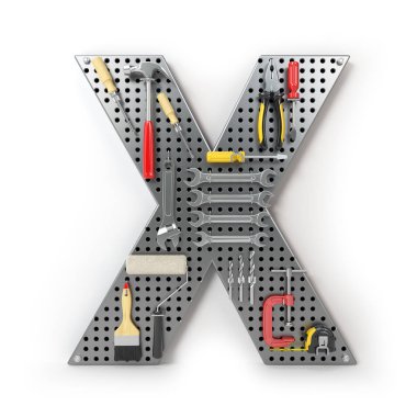 Mektup X. alfabesi'izole metal pegboard araçları
