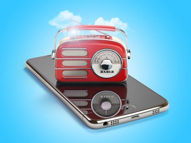 Kırmızı vintage radyo ile akıllı telefon. Cep Am Fm Radyo canlı zinciri