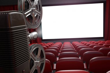 Film projektör ve boş sinema ekran boş sandalye ile. Sinema
