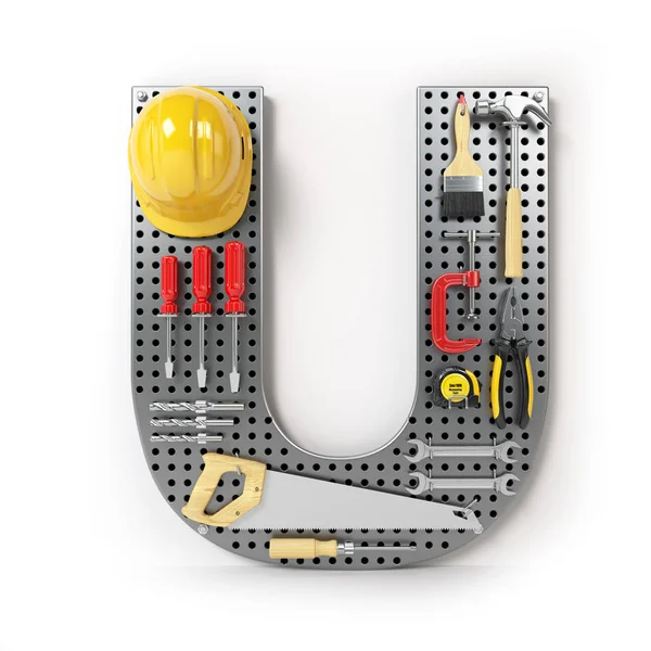 Alfabet litery U. z narzędzia na pegboard metal na białym tle — Zdjęcie stockowe
