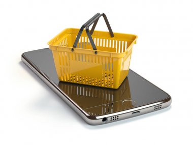 Cep telefonu veya alışveriş sepeti sarı ile akıllı telefon. Çevrimiçi s